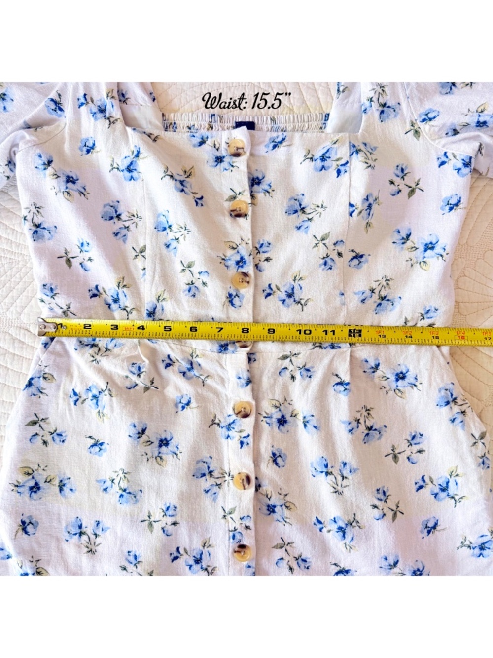 Linen Coquette Cottage Blue Floral Puff-Sleeve Mini Summer Dress Old Navy Sz M - Picture 16 of 17